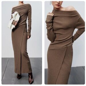 commense two piece off shoulder sweater & wrap maxi skirt